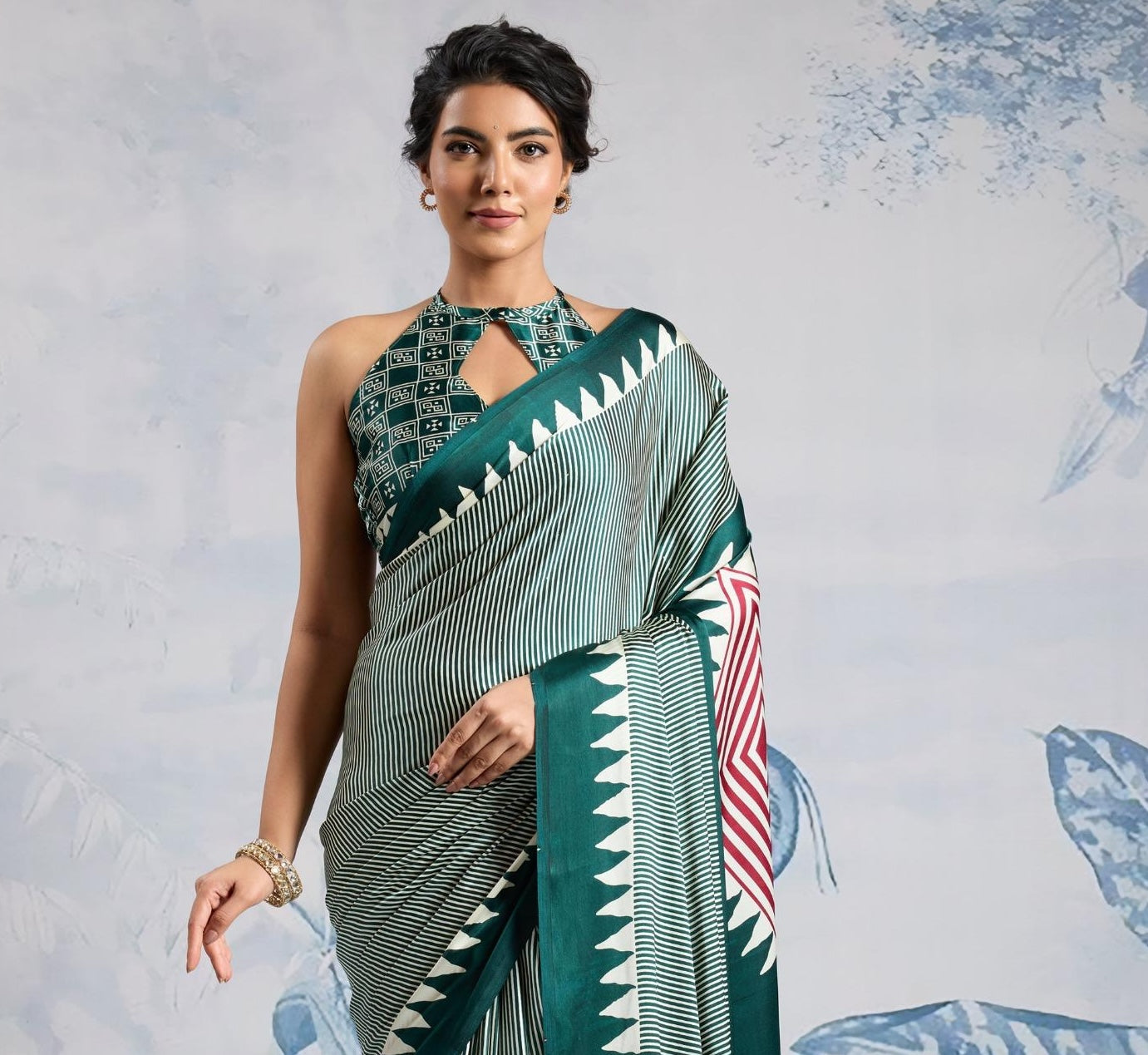 Dark Green Crepe Silk Readymade/Easy Saree
