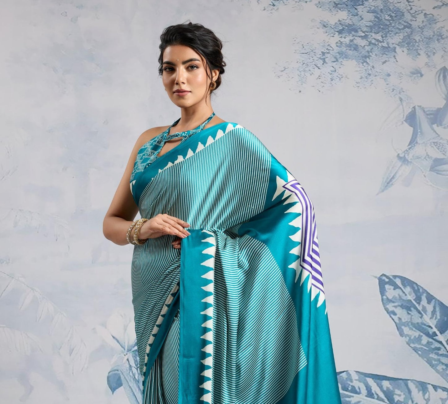 Sea Blue Crepe Silk Readymade/Easy Saree