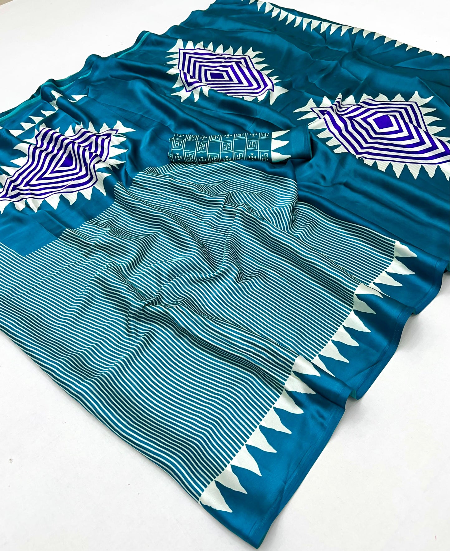 Sea Blue Crepe Silk Readymade/Easy Saree