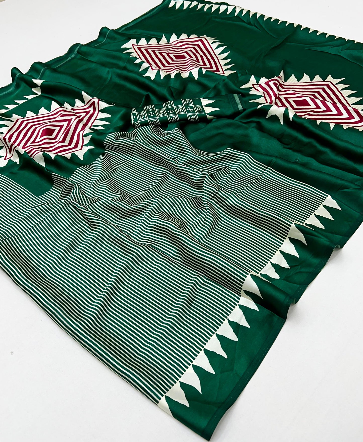 Dark Green Crepe Silk Readymade/Easy Saree