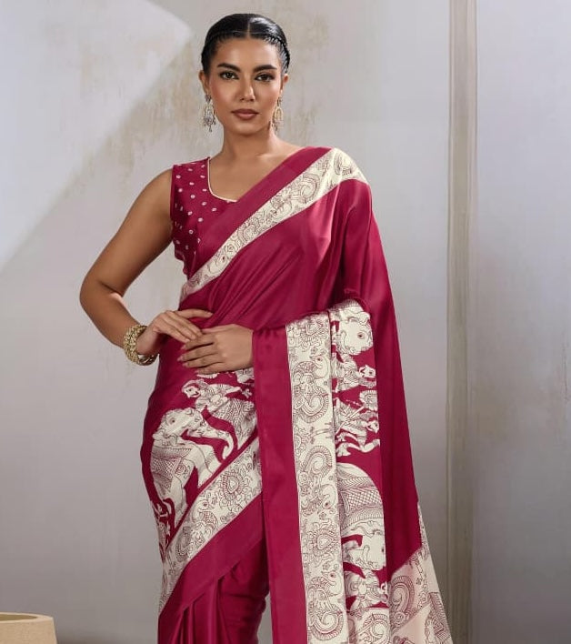 Red Crepe Silk Readymade/Easy Saree