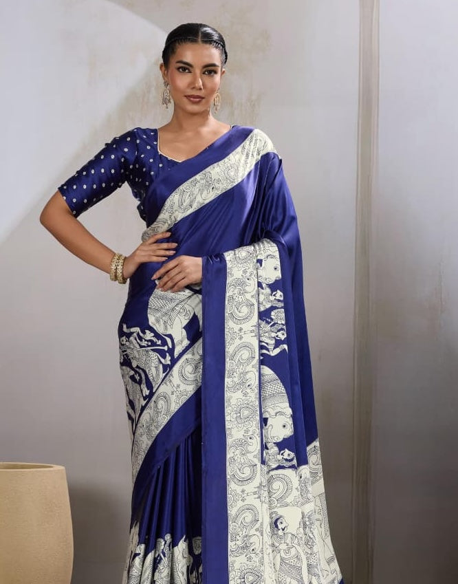 Blue Crepe Silk Readymade/Easy Saree