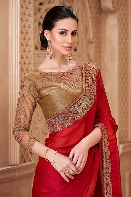 Red Cocktail Party Wear Readymade Saree