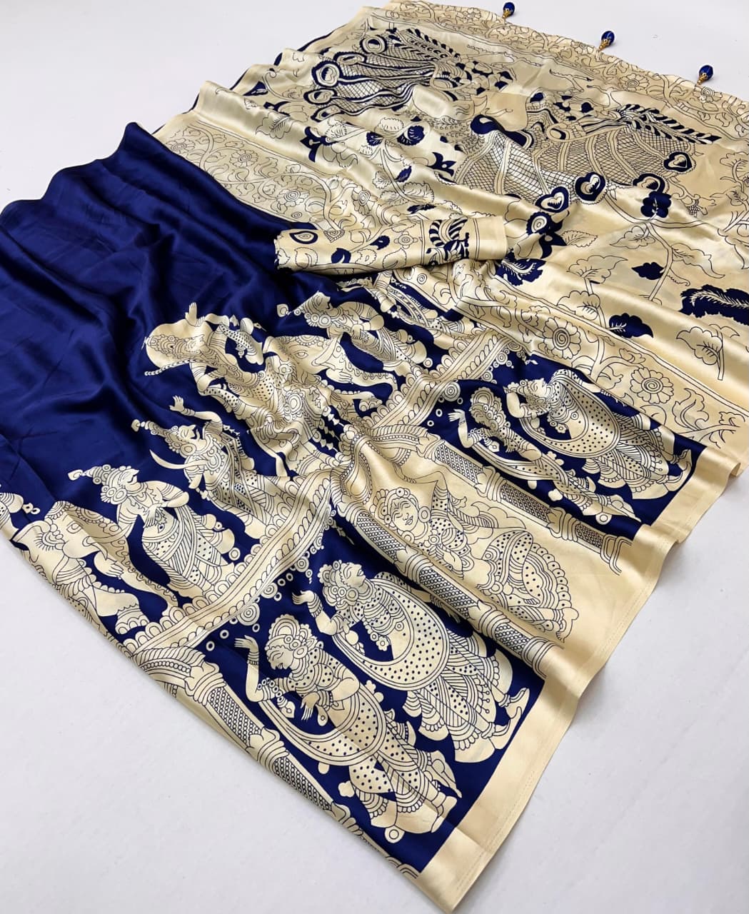 Navy Blue & Beige Crepe Silk Ready To Wear/Easy Saree