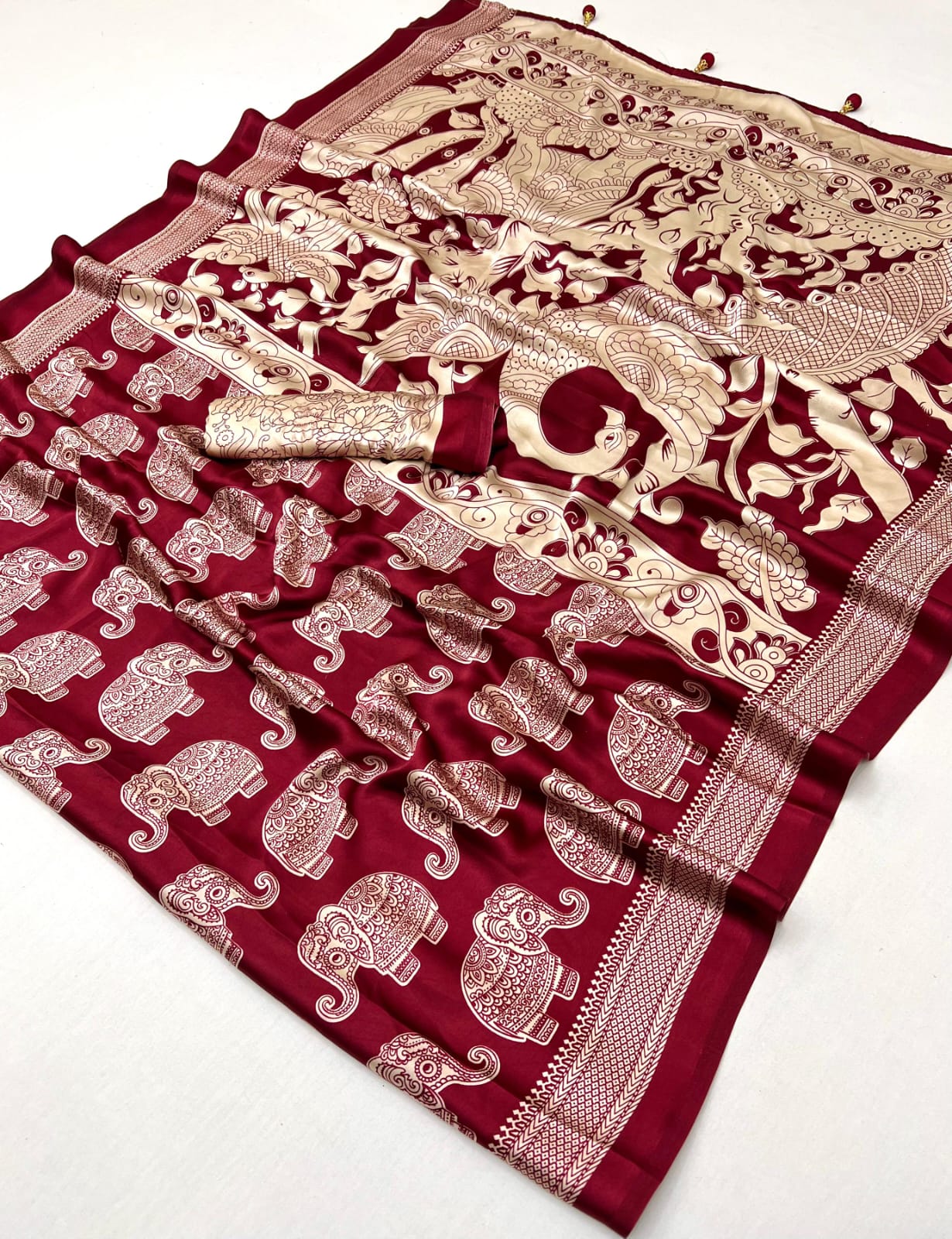 Maroon & Beige Crepe Silk Ready To Wear/Easy Saree