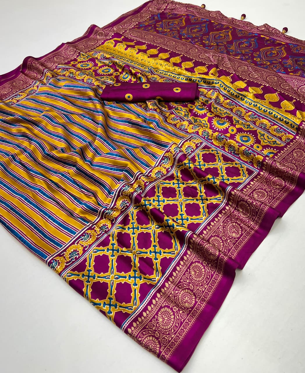 Magenta Stripe Crepe Silk Ready To Wear/Easy Saree