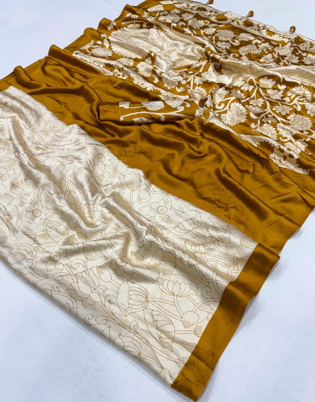Mustard Yellow Crepe Silk Ready To Wear/Easy Saree