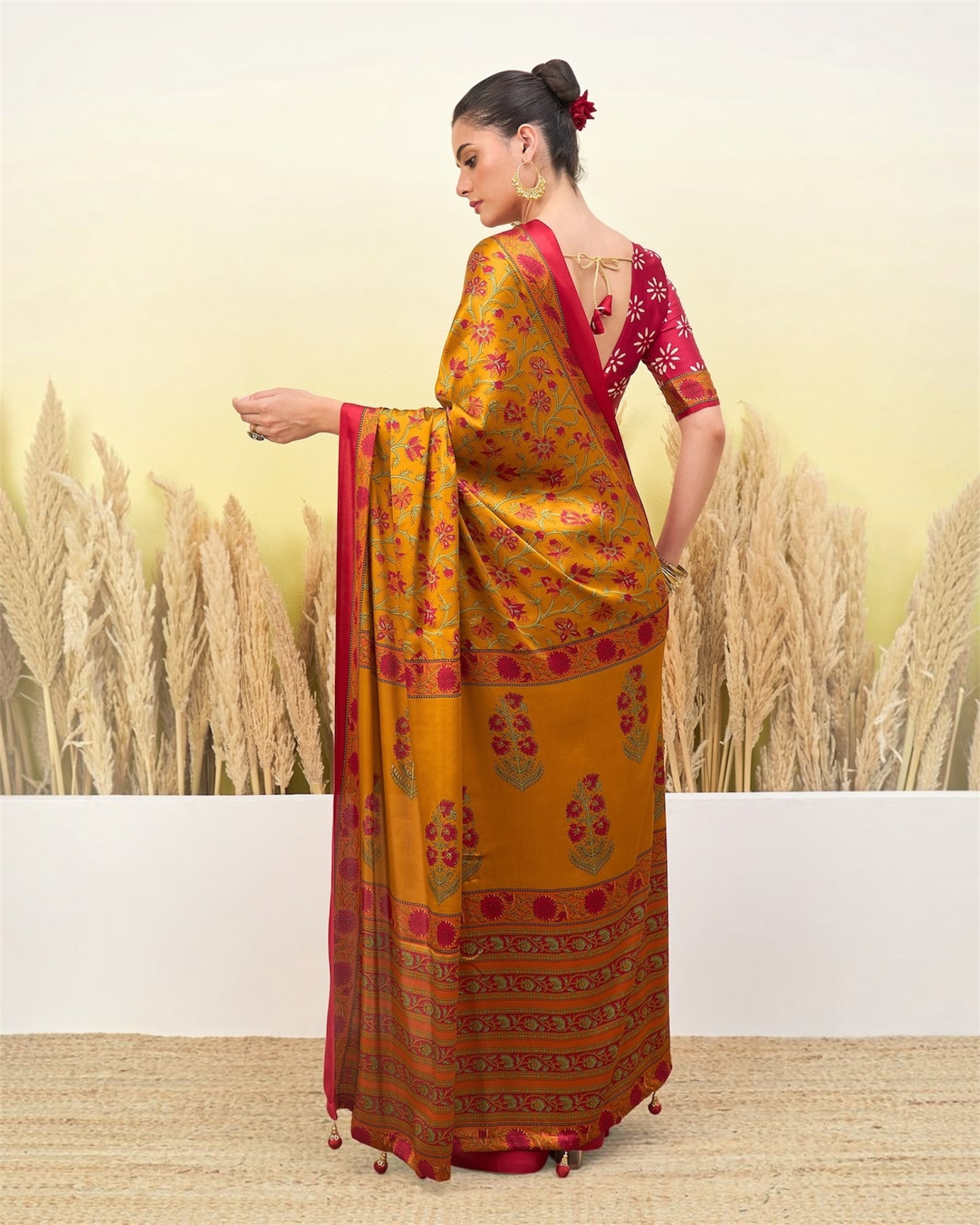 Mustard and pink crepe silk ready-to-wear saree with floral print, short-sleeve blouse
