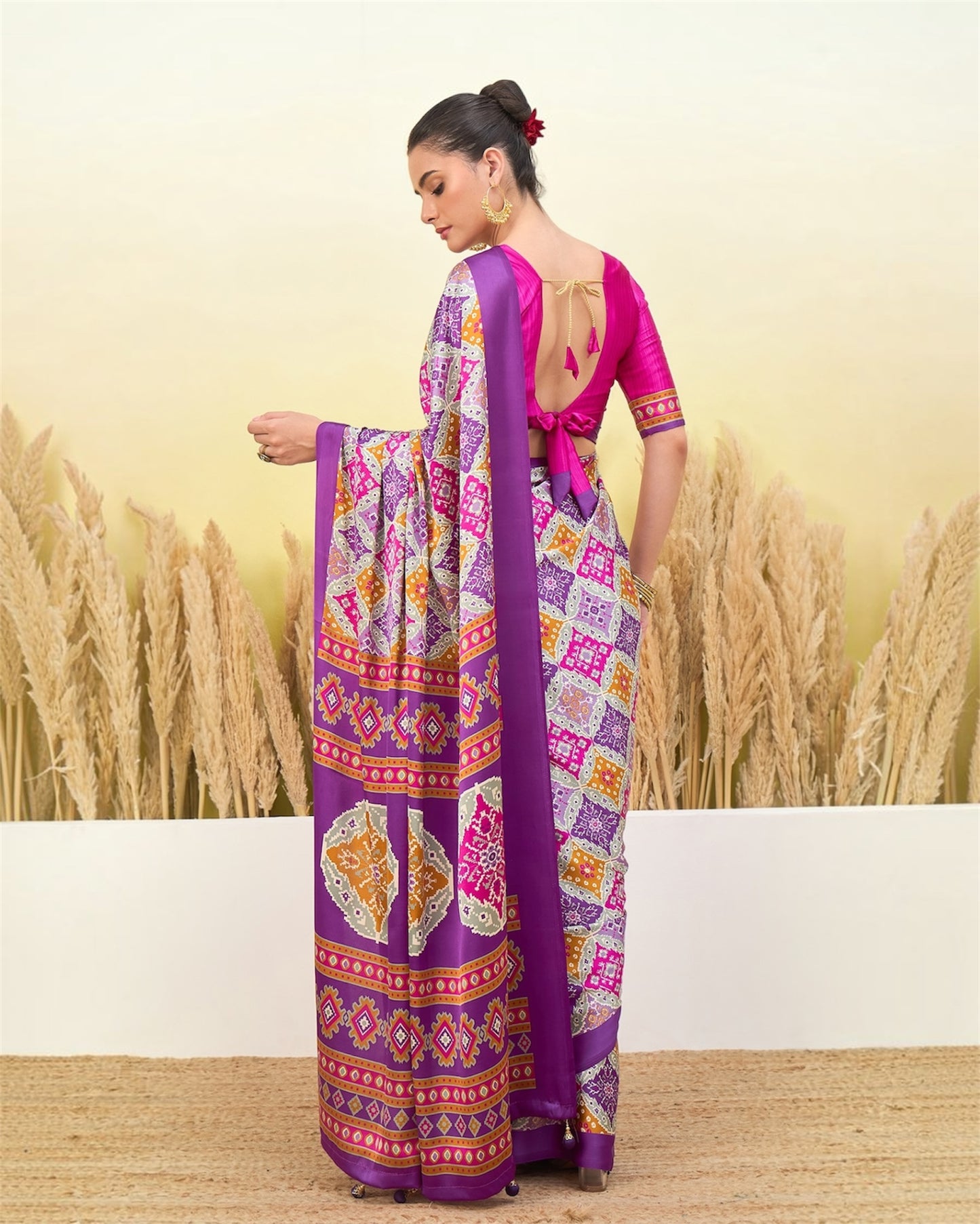 Ivory & Purple Crepe Silk Ready To Wear/Easy Saree by Stylebypanaash