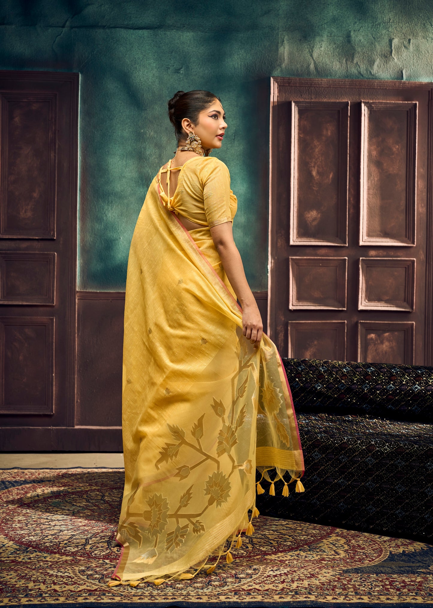 Pastel Yellow Munga Silk Ready To Wear/Easy Saree by Stylebypanaash