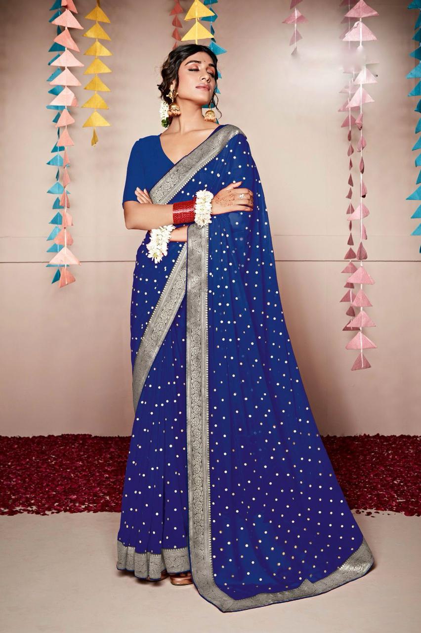 Plus Size Blue Georgette Readymade Saree - Panaash Saree