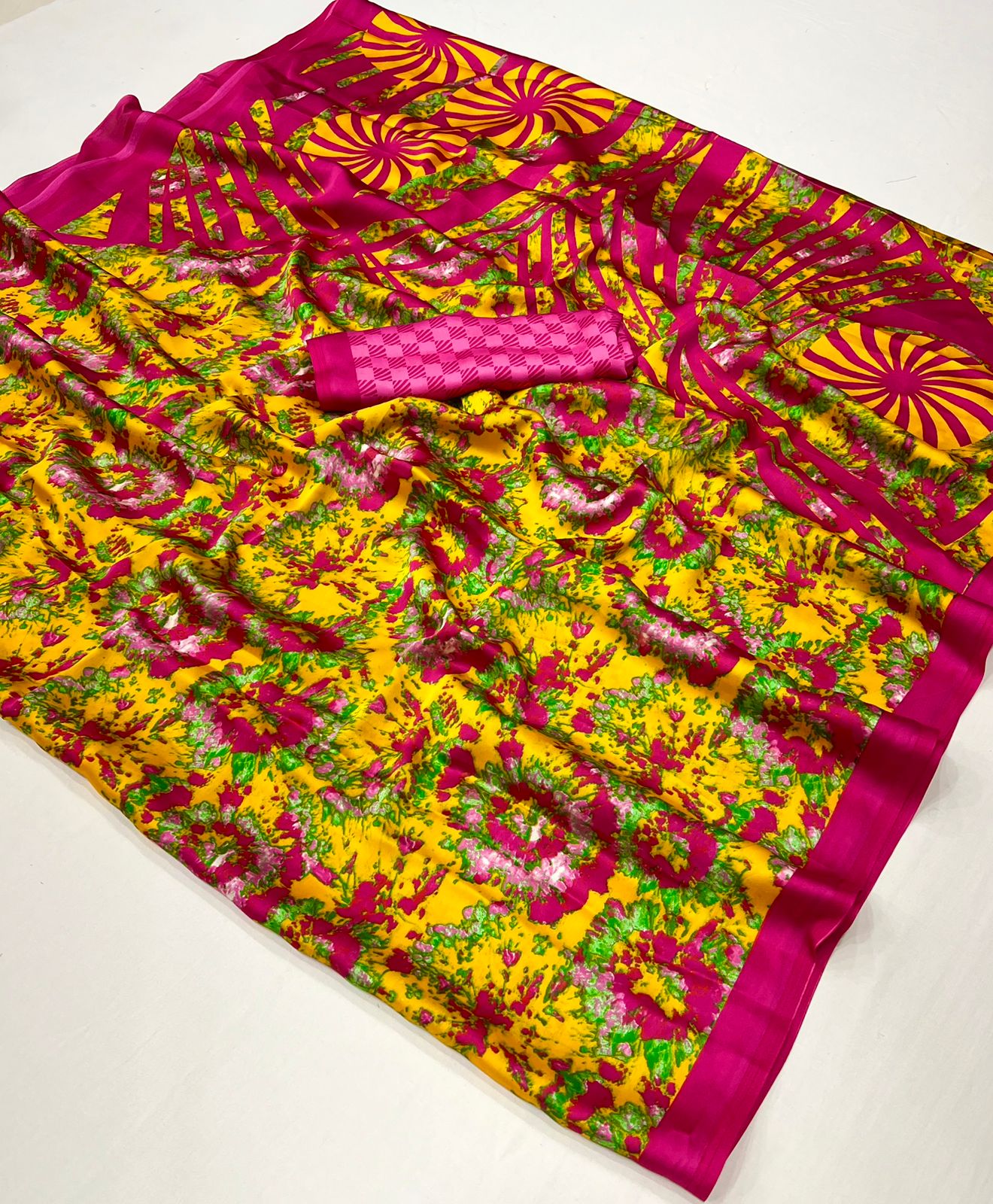 Yellow & Pink Crepe Silk Casual Readymade/Easy Saree