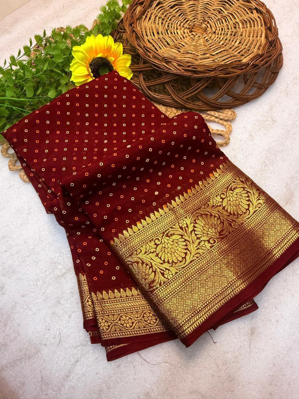 Maroon bandhani raw silk ready-to-wear saree with gold zari border and pallu