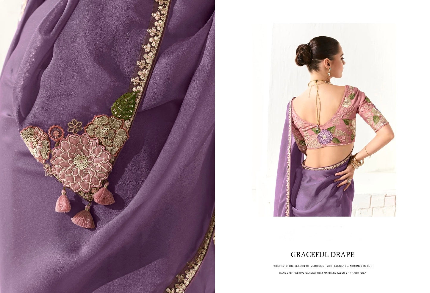 Lavender Organza Readymade Saree With Fancy Blouse Piece