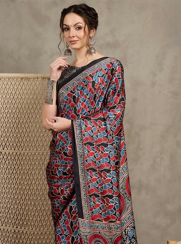 Black Ajrakh Office Wear Crepe Silk Easy/Readymade Saree
