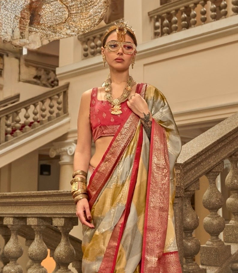 Red Color Satin Silk Readymade/Easy Saree