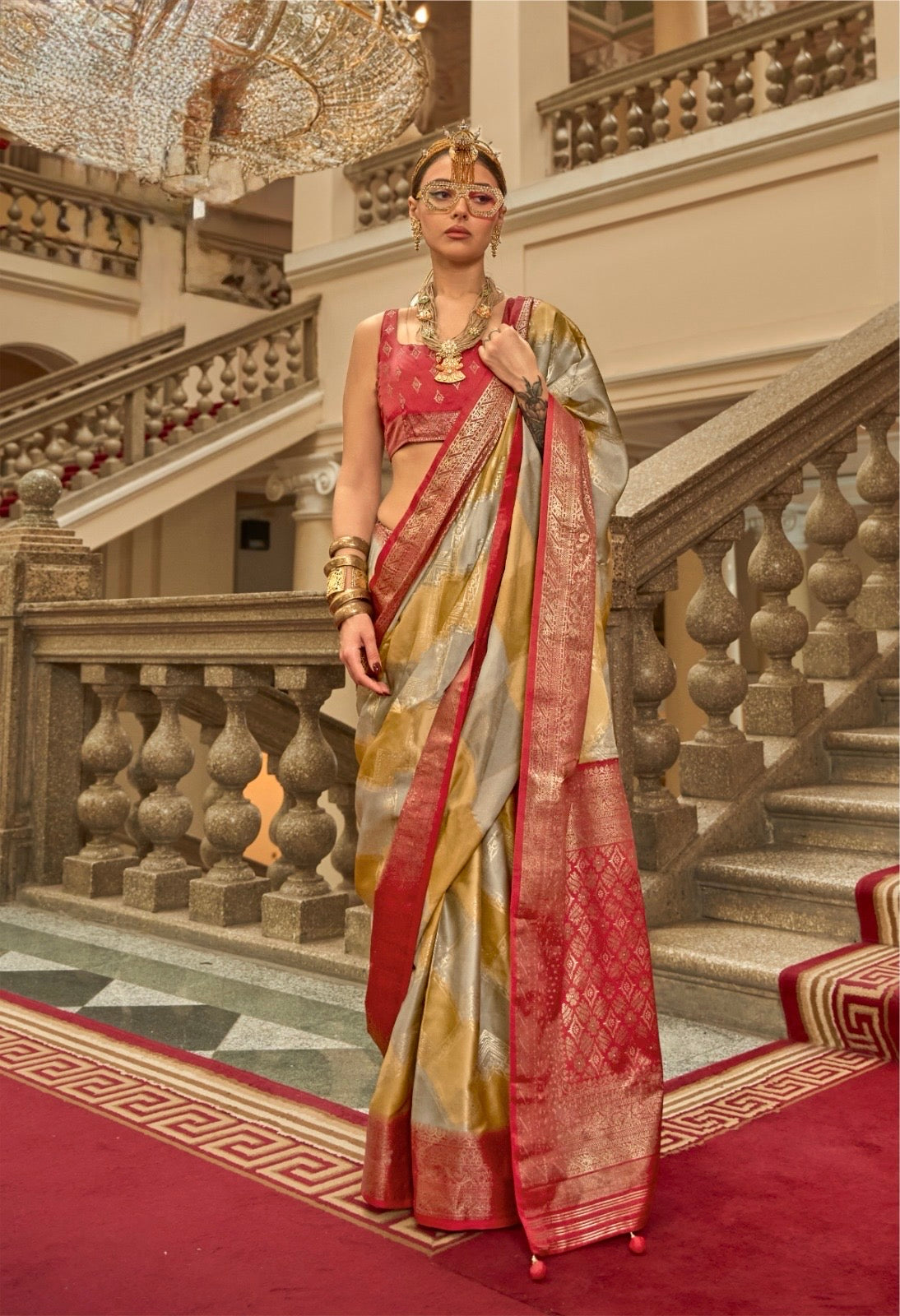 Red Color Satin Silk Readymade/Easy Saree