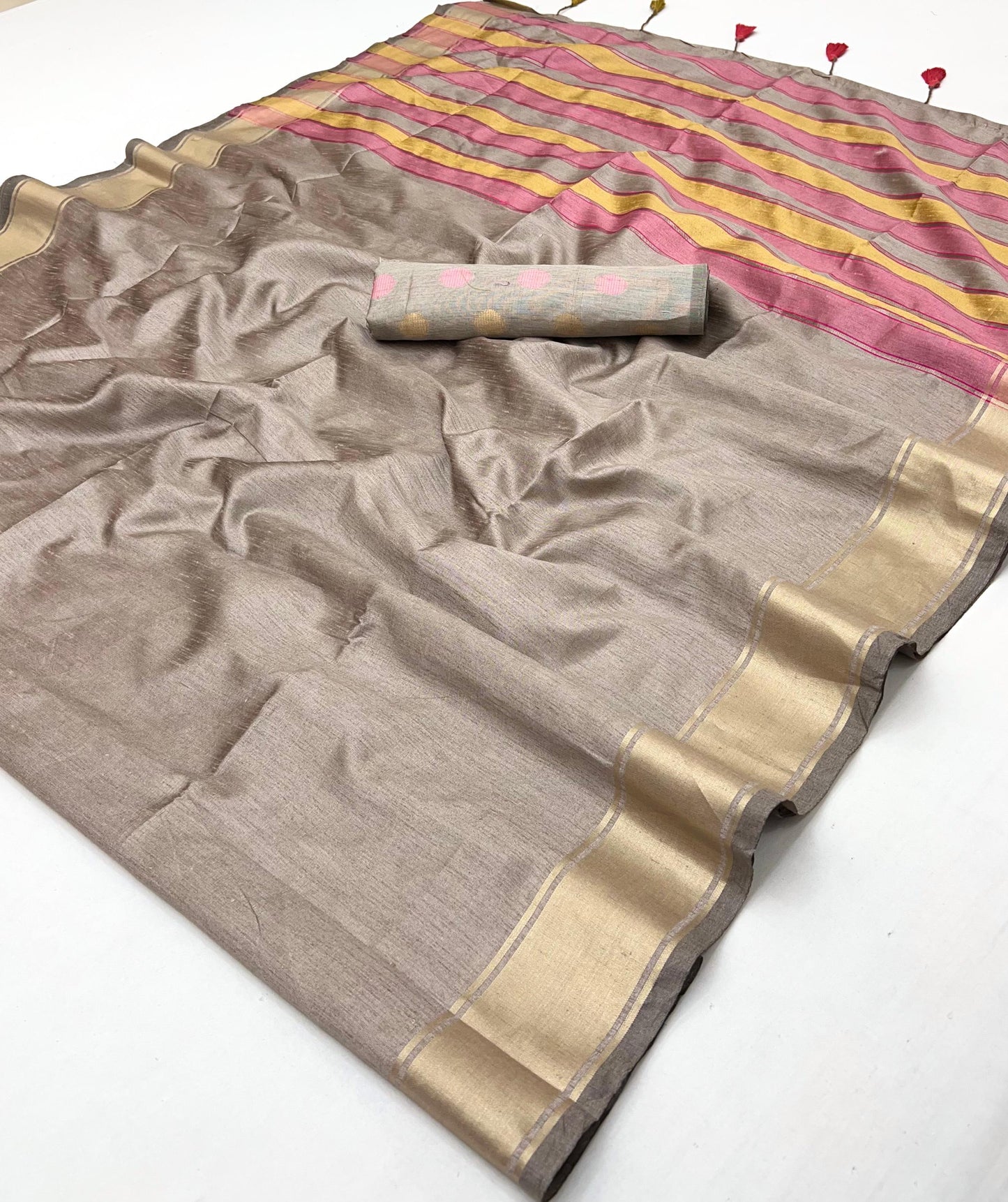 Grey Color Raw Silk Readymade/Easy Saree