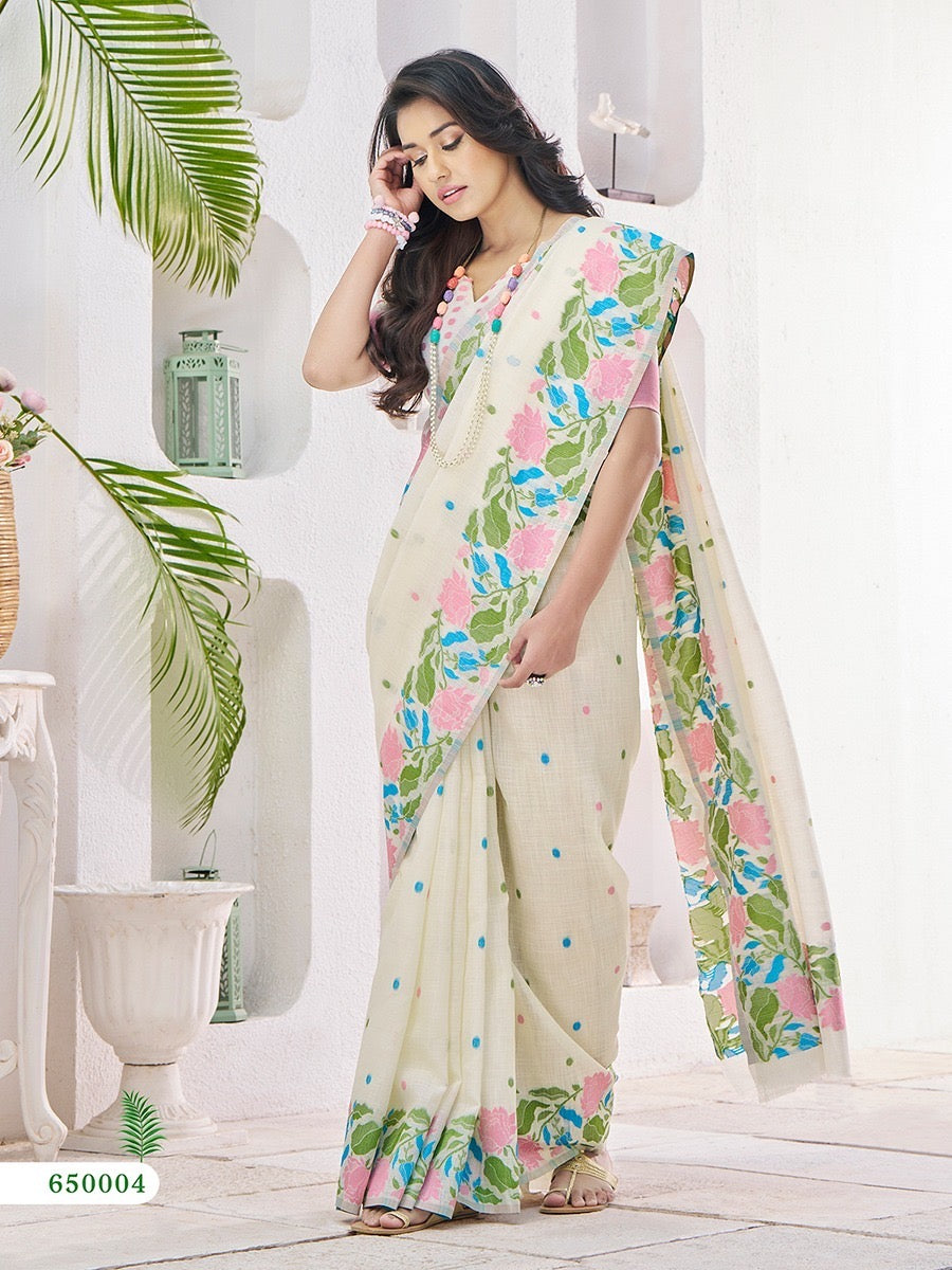 Off-White Linen Office Wear Readymade/Easy Saree