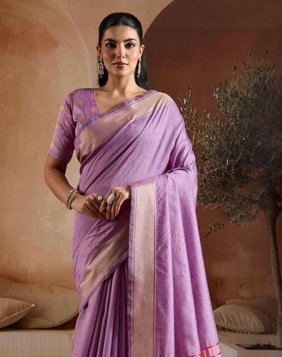 Lavender Color Raw Silk Readymade/Easy Saree