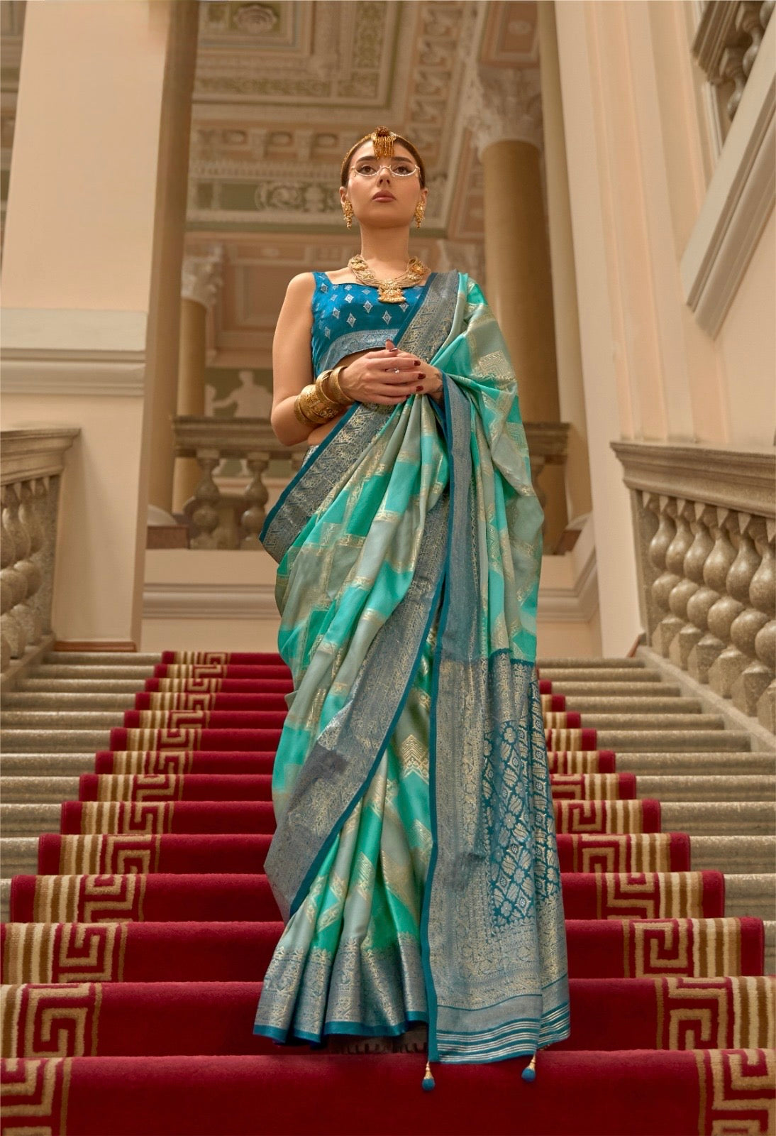 Green Color Satin Silk Readymade/Easy Saree