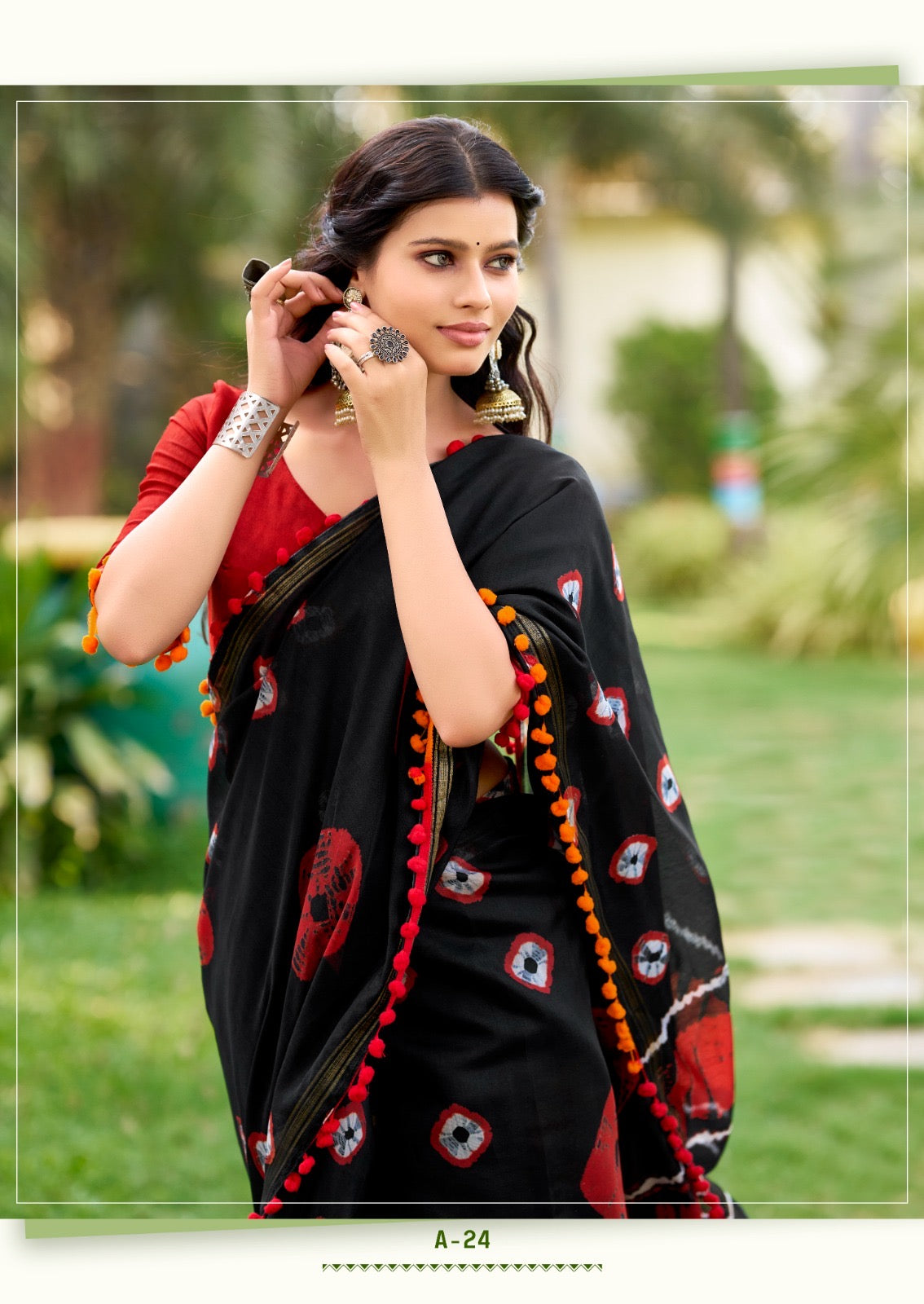 Black & Red Mul Mul Cotton Easy/Readymade Saree