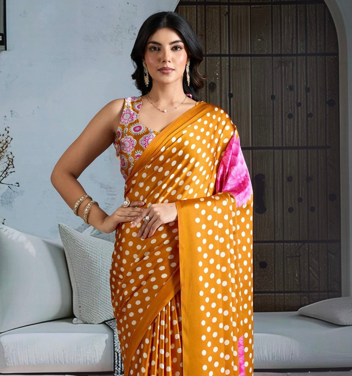 Mustard Crepe Silk Readymade/Easy Saree