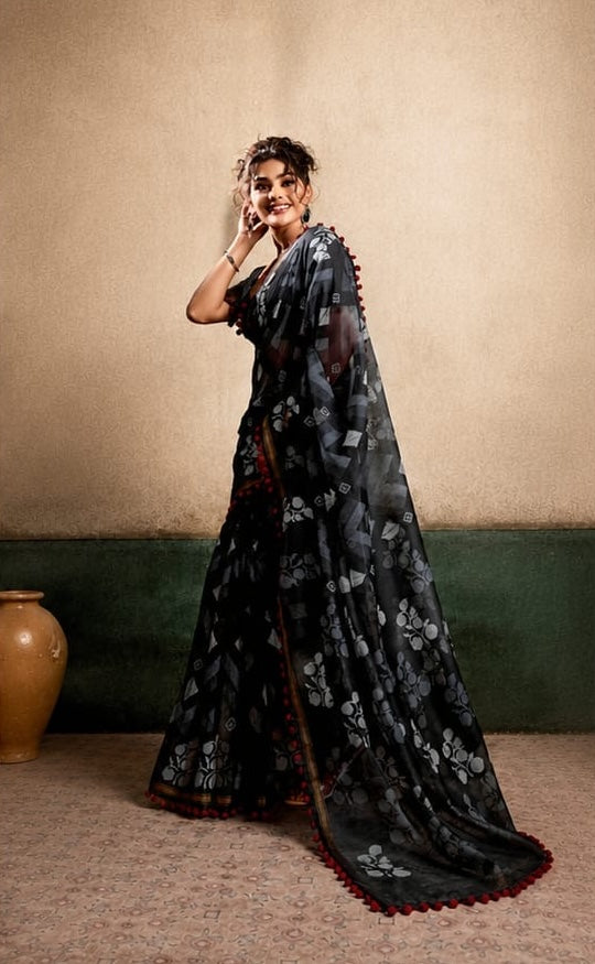 Black Mul Cotton Ready To Wear/Easy Saree