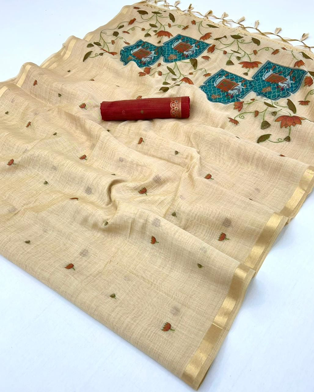 Beige Color Cotton Readymade/Easy Saree