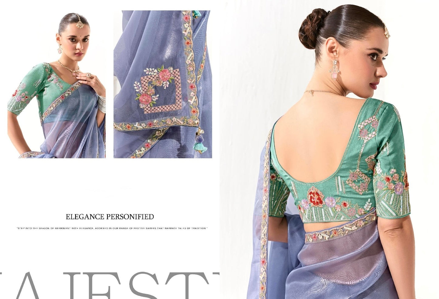 Powder Blue Organza Readymade Saree With Fancy Blouse Piece