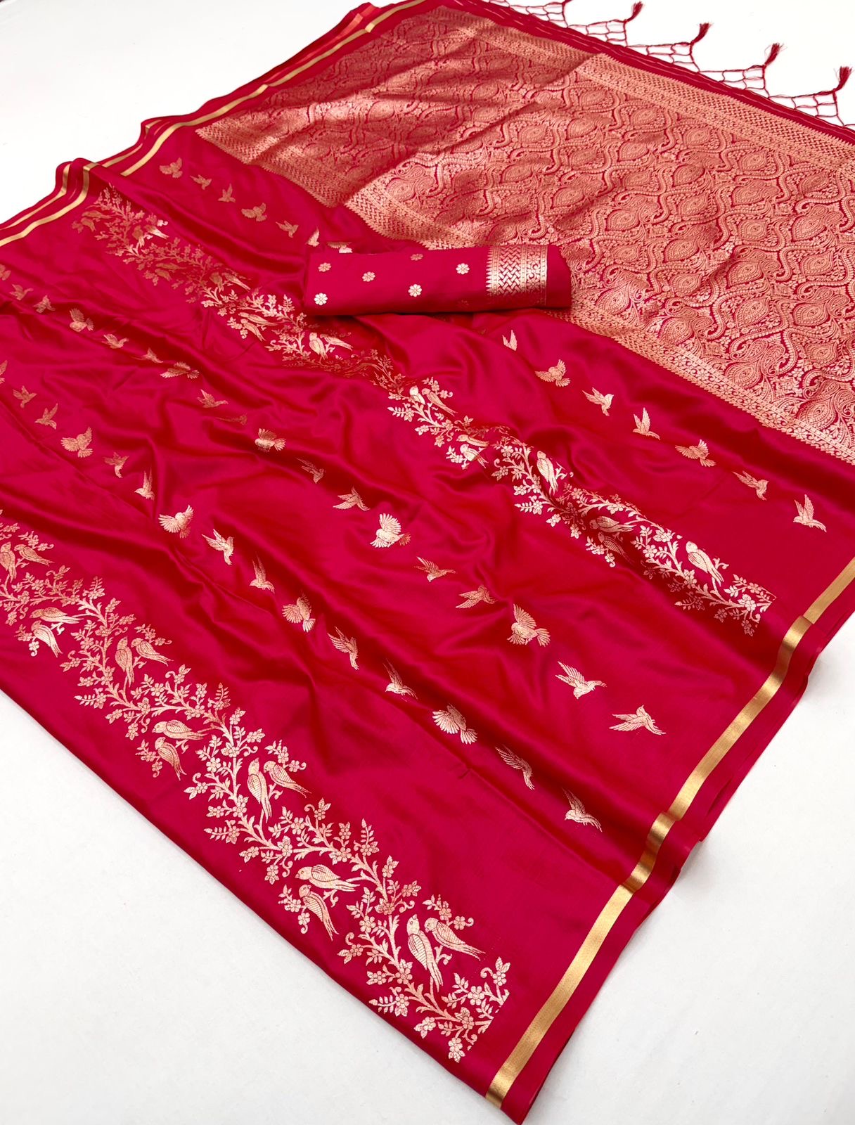 Red Satin Silk Readymade/Easy Saree - Panaash Saree