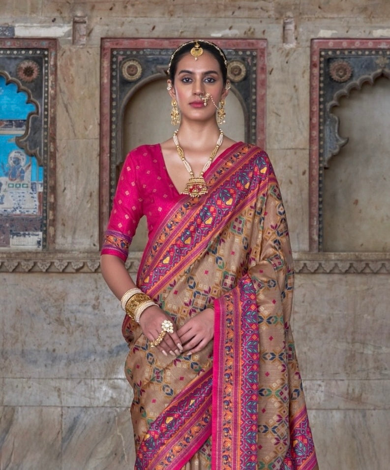 Beige Patola Silk Readymade/Easy Saree