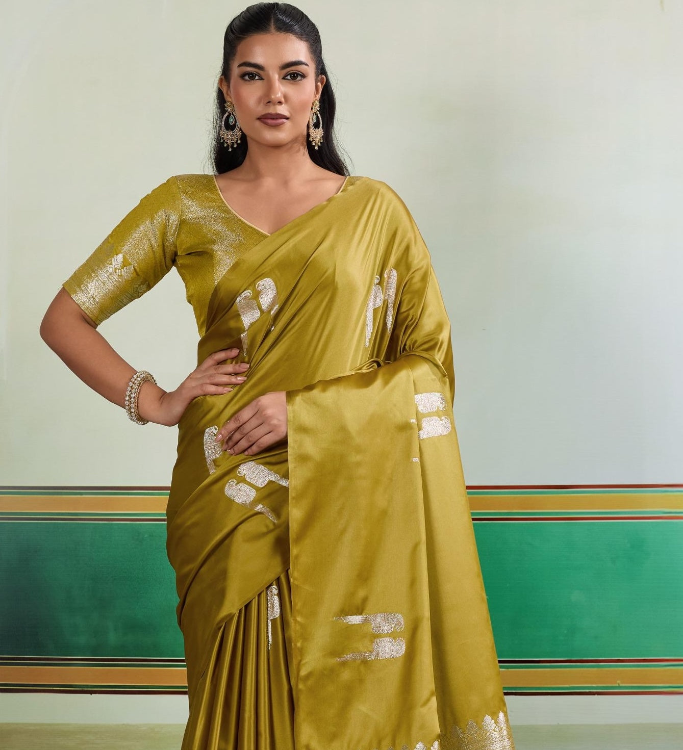 Gold Color Satin Silk Readymade/Easy Saree