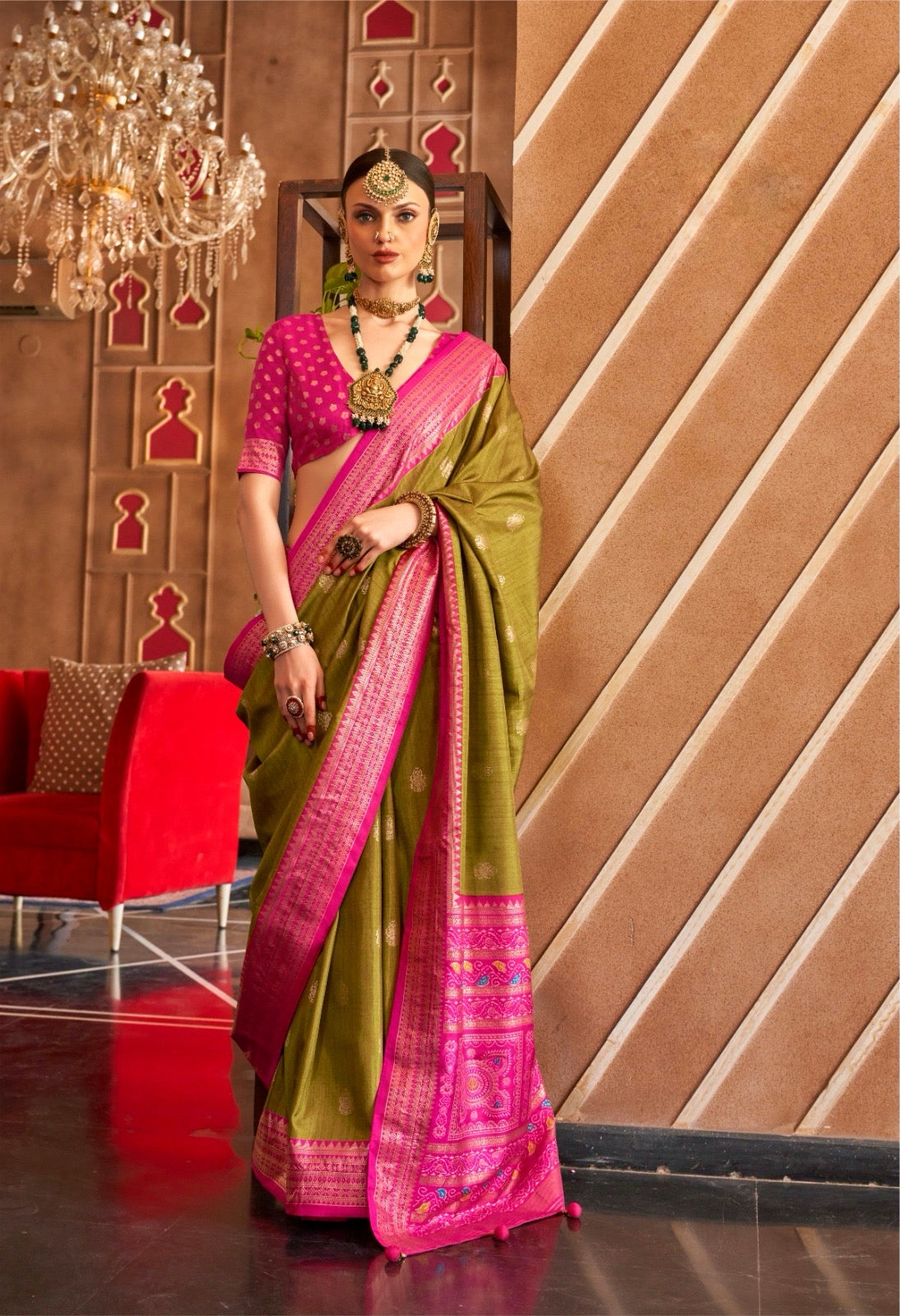 Olive Green Color Patola Silk Readymade/Easy Saree