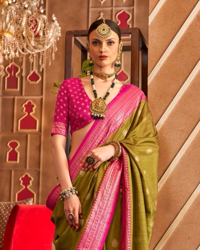 Olive Green Color Patola Silk Readymade/Easy Saree