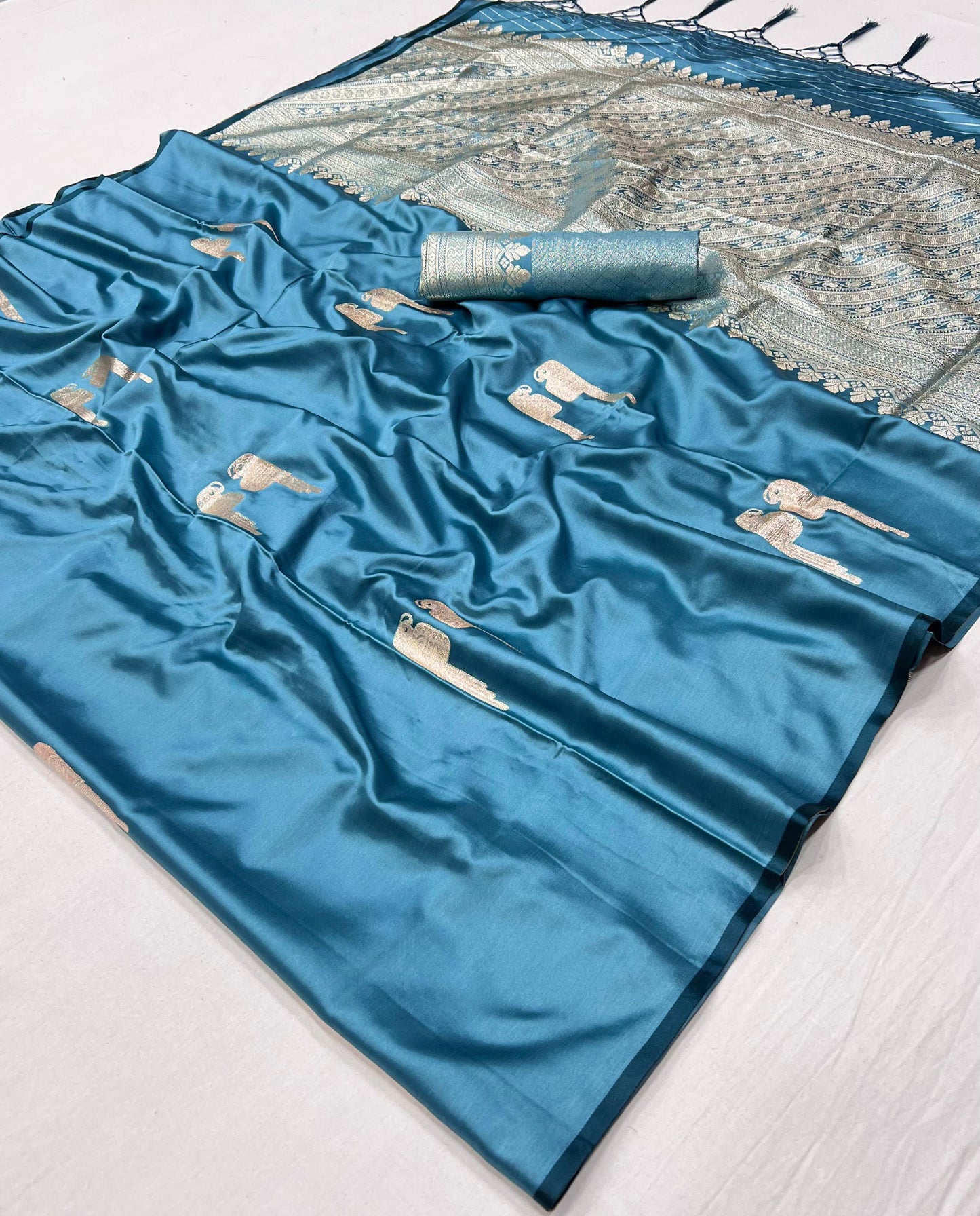 Pastel Blue Satin Silk Readymade/Easy Saree