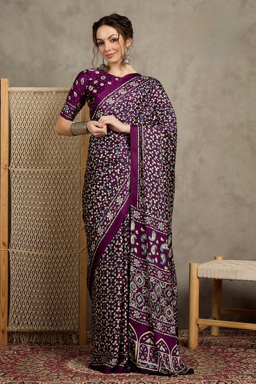 Magenta Ajrakh Office Wear Crepe Silk Easy/Readymade Saree