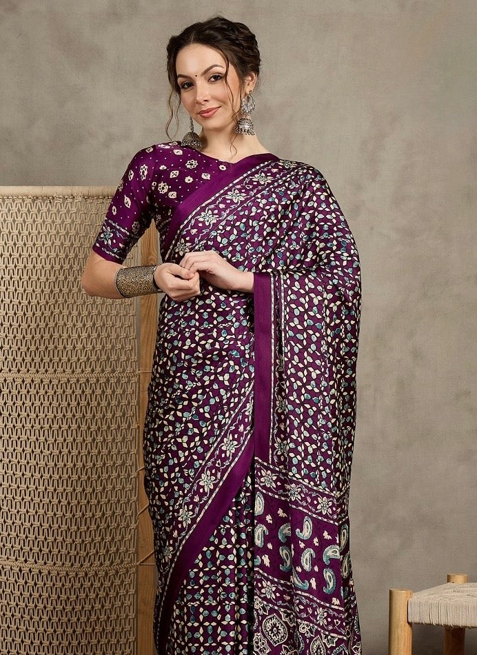 Magenta Ajrakh Office Wear Crepe Silk Easy/Readymade Saree