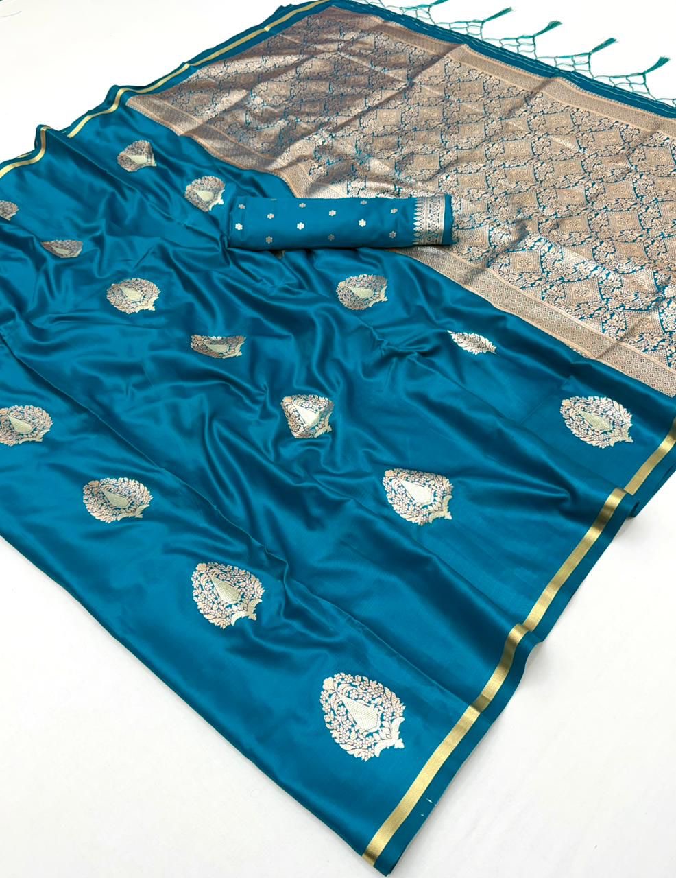 Teal Blue Satin Silk Ready To Wear/Easy Saree - Panaash Saree