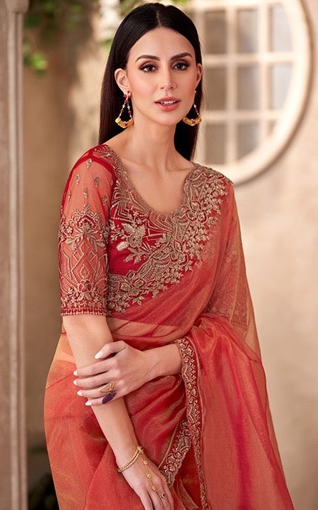 Rust Cocktail Party Wear Readymade Saree