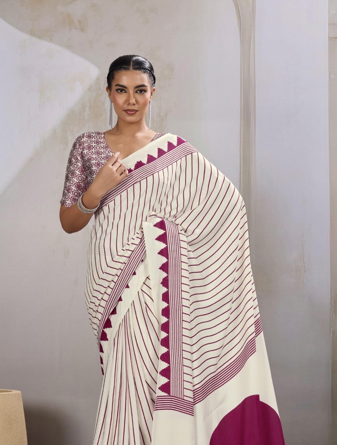 Off-White Crepe Silk Readymade Saree
