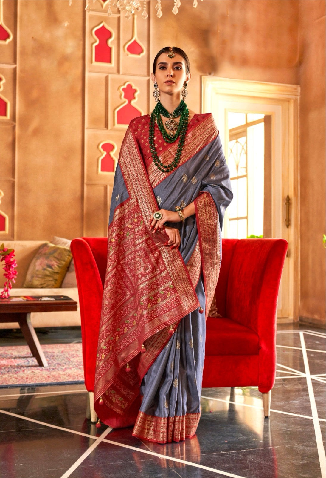 Grey Green Color Patola Silk Readymade/Easy Saree
