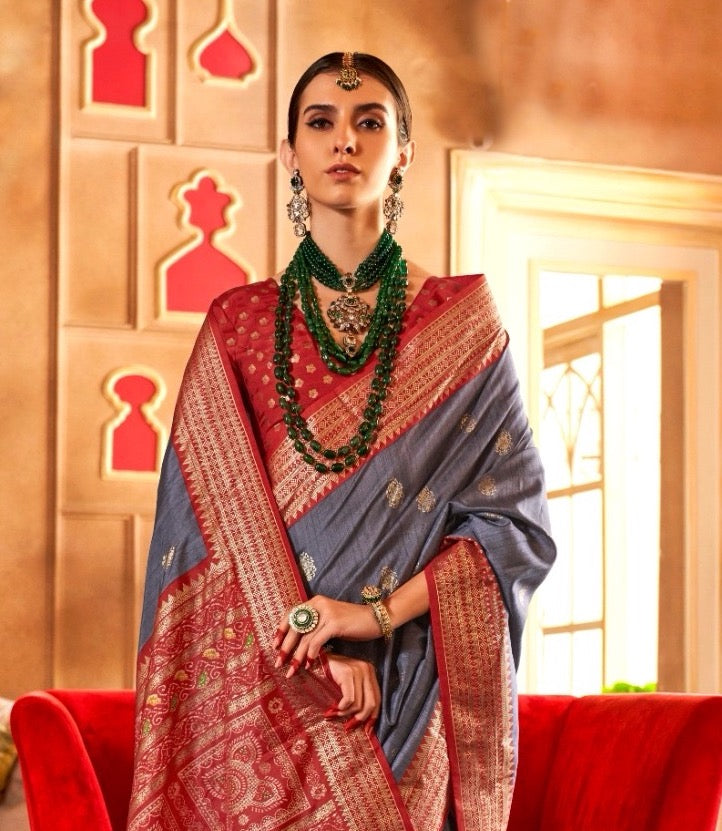 Grey Green Color Patola Silk Readymade/Easy Saree