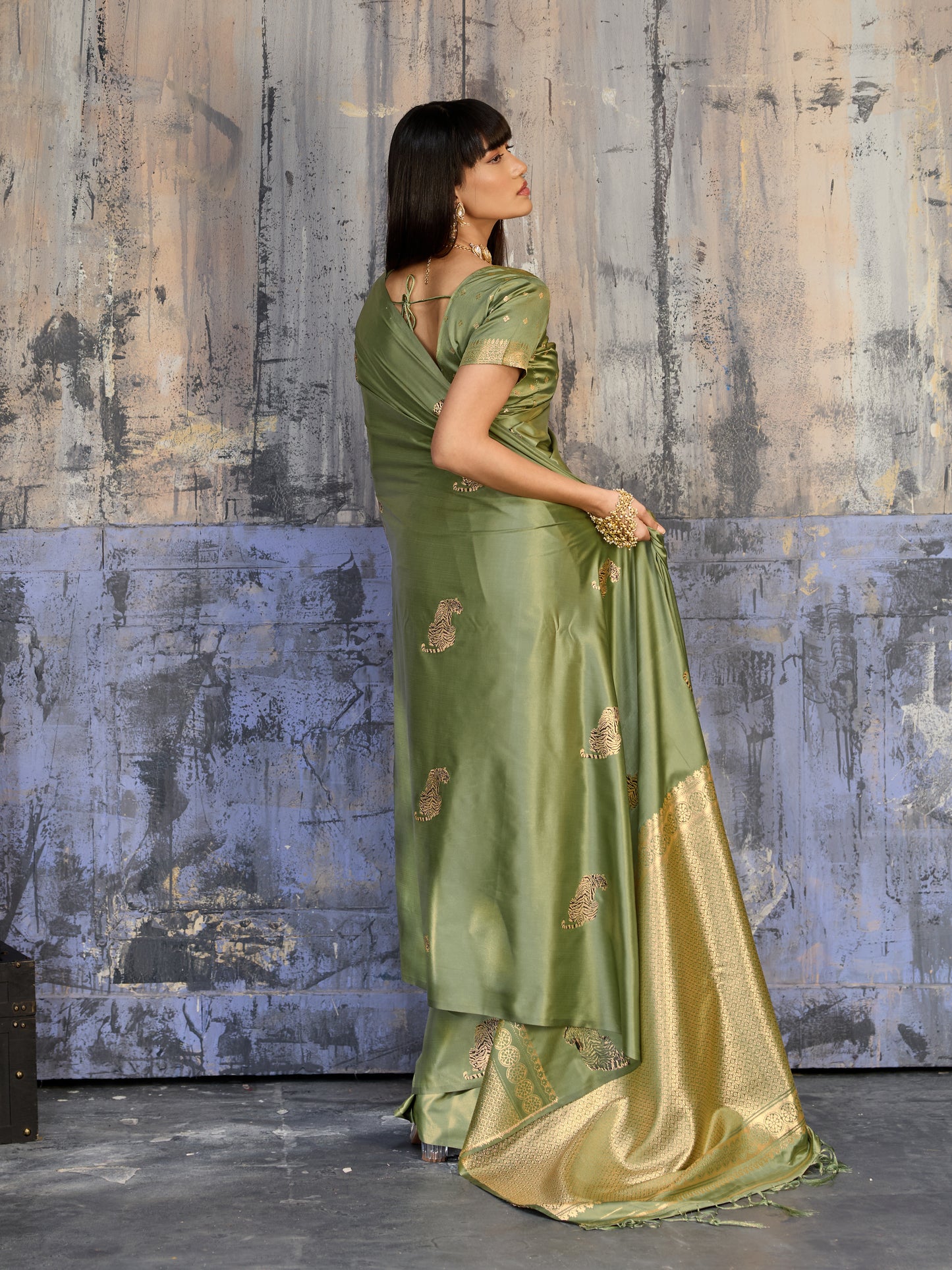 Pista Green Satin Silk Readymade/Easy Saree - Panaash Saree