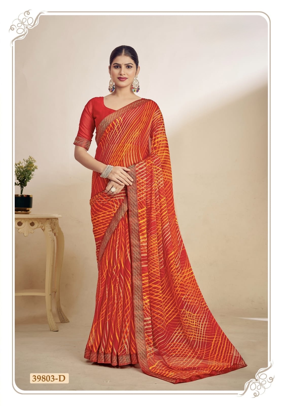 Orange Chiffon Casual Readymade/Easy Saree
