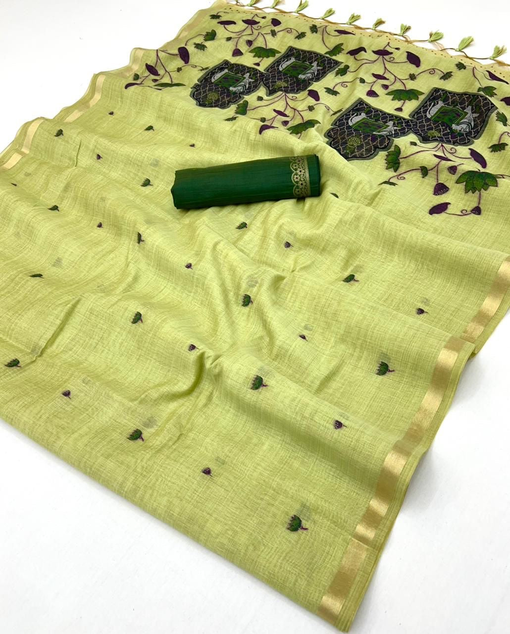 Green Color Cotton Readymade/Easy Saree