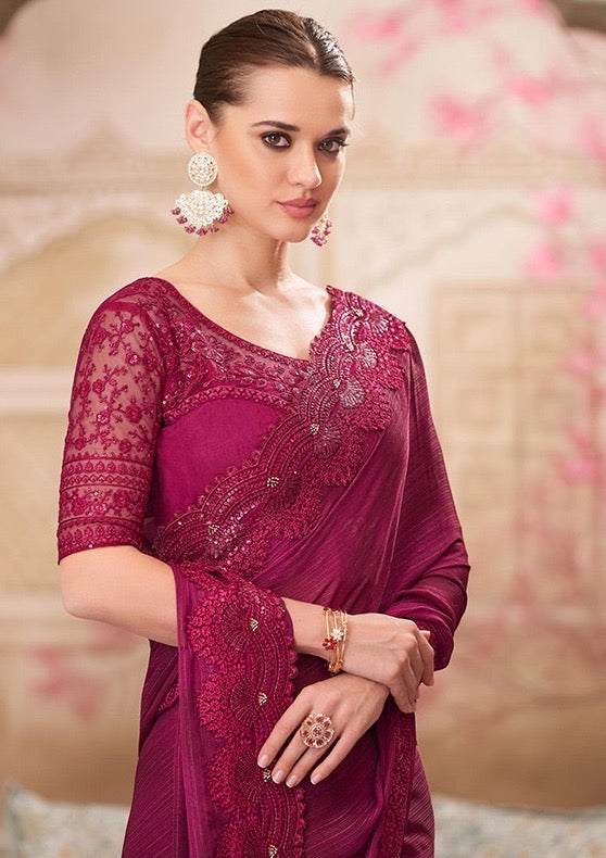Crimson Color Cocktail Readymade Saree