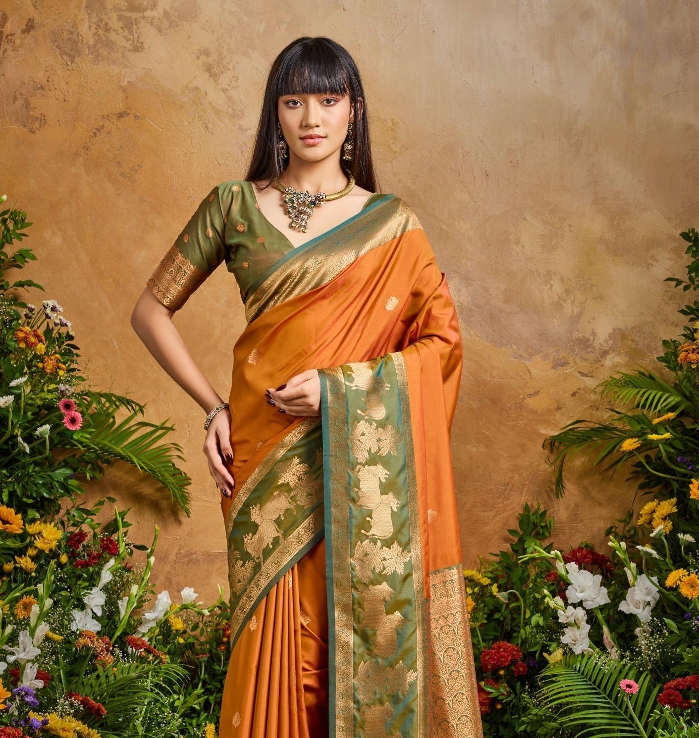Orange Tone Kanjivaram Silk Readymade/Easy Saree