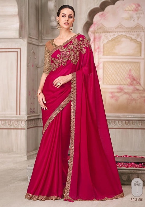 Flame Red Color Cocktail Readymade Saree