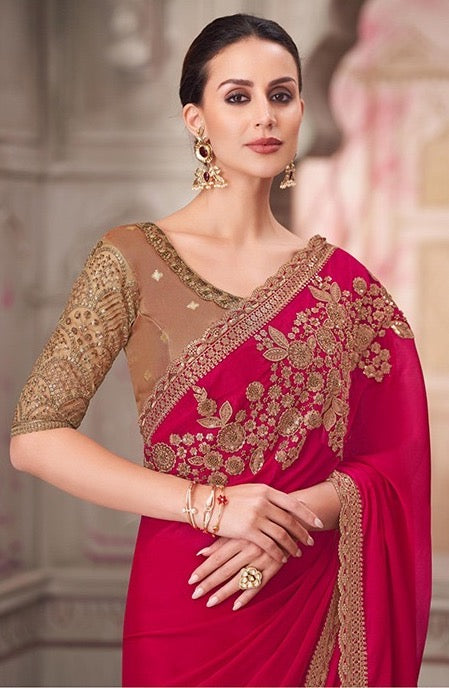 Flame Red Color Cocktail Readymade Saree
